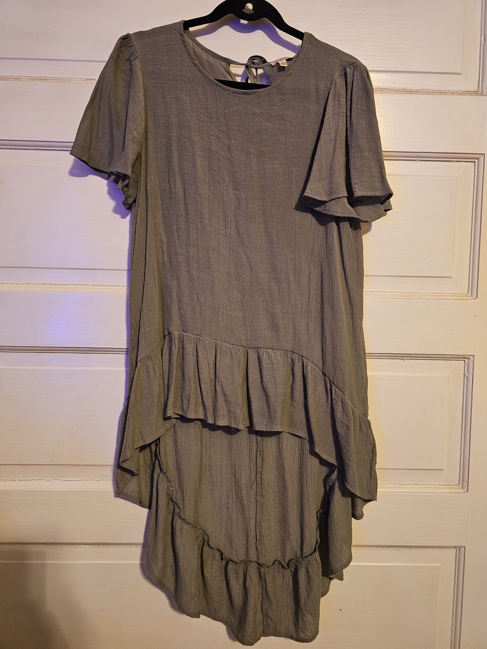 Lily White Olive Green High-Low Ruffle Crinkle Blouse Top XL